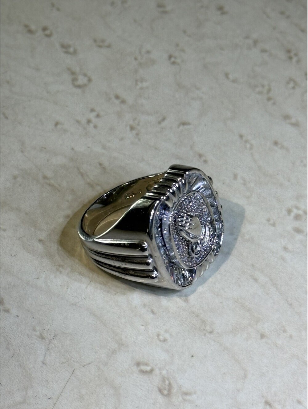 GM 925 Sterling Silver Praying Hands CZ Baguette Men's Statement Ring 15g